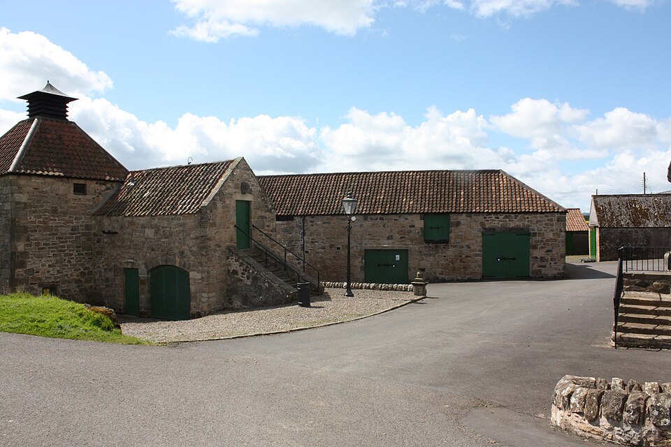 The stone farm buildings of Daftmill distillery in rural Fife
